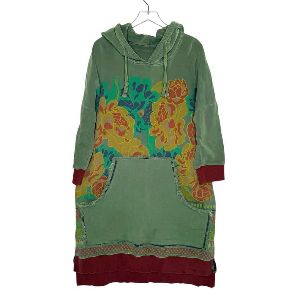YESNO Women Hooded Sweatshirt Dress OS Boho Floral Earthy Lagenlook Green